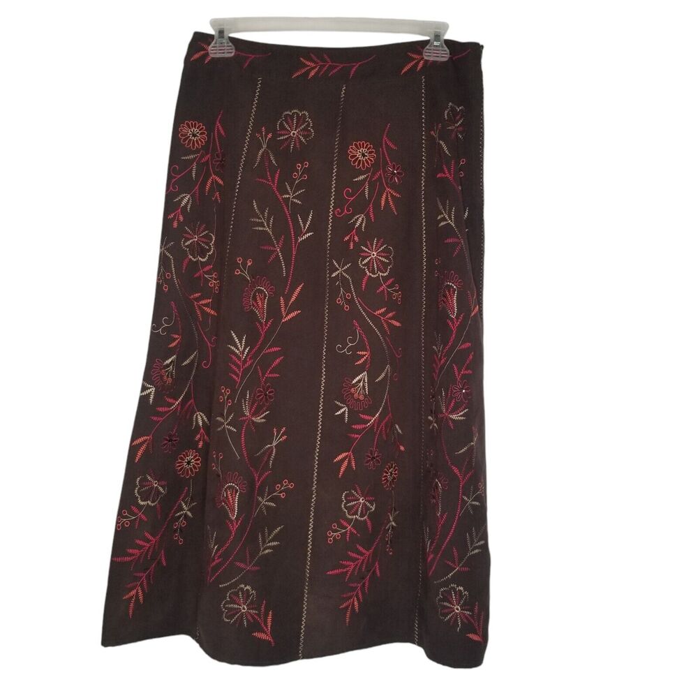 Dressbarn Faux Suede Brown Embroidered Floral Fall Maxi Skirt Cottagecore Sz 12